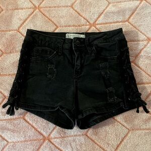 Black tied up side denim shorts